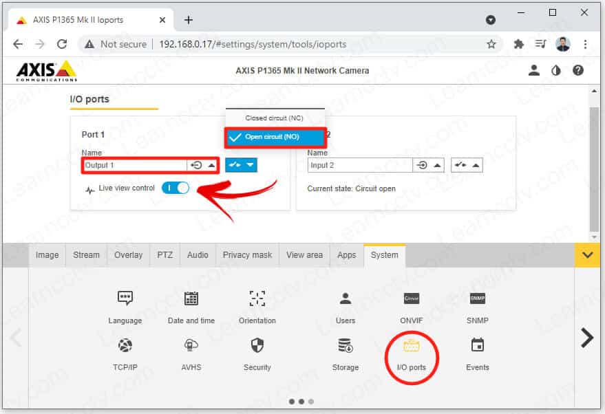 Axis P1365 MK II IO Output 1 NO Live View Control ON Axis P1365 MK II IO Output 1 NO Live View Control ON