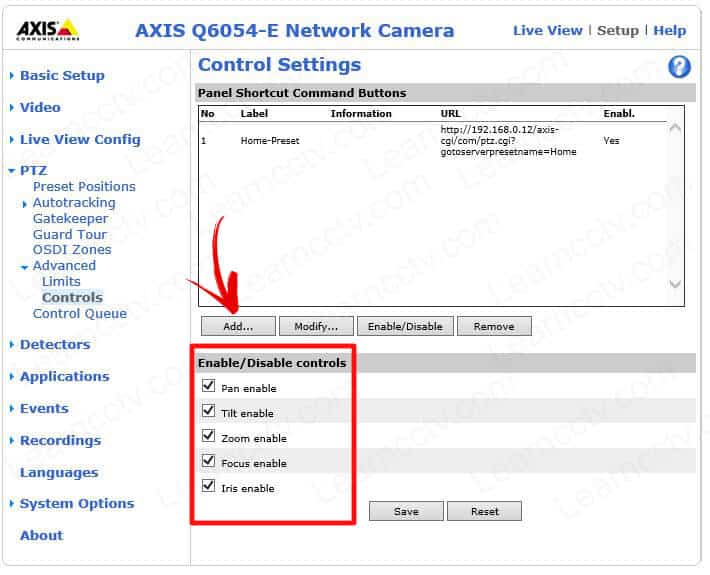 Axis PTZ Enable Disable Controls Axis PTZ Enable Disable Controls
