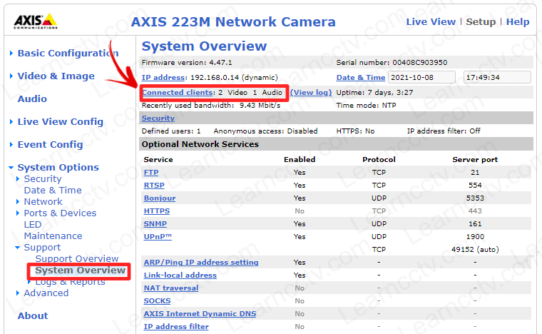 Axis 223M System Overview Connected Users Axis 223M System Overview Connected Users