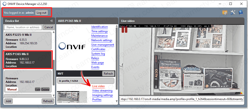 Axis camera-P1365 MK II on the ONVIF Device Manager Axis camera-P1365 MK II on the ONVIF Device Manager