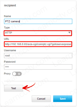 PTZ recipient setup PTZ recipient setup